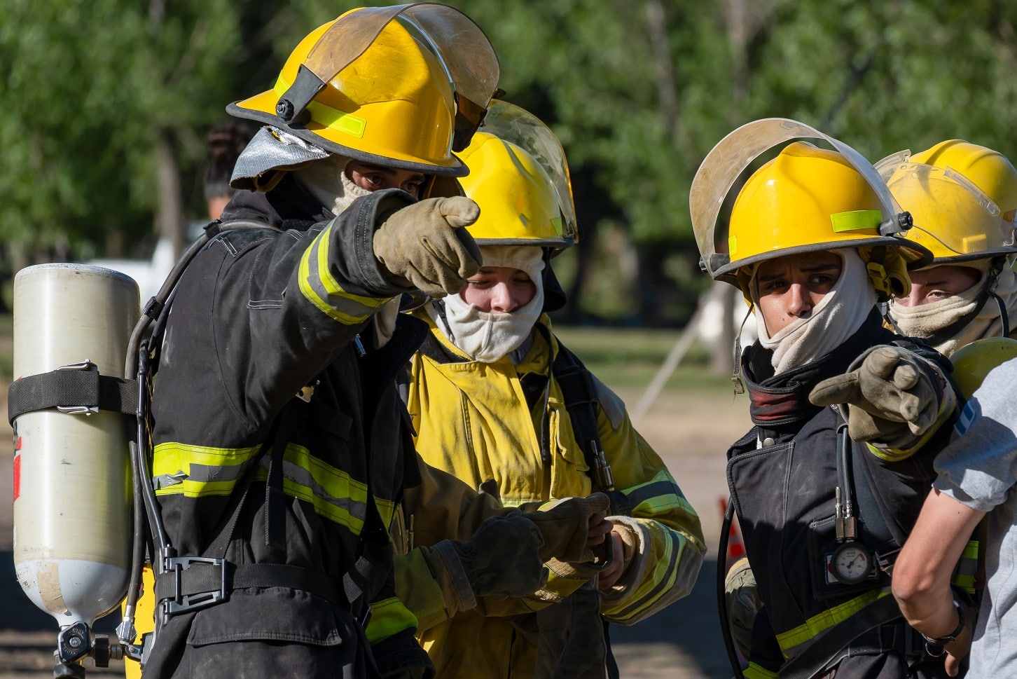 Firefighter training. Fire drill - rescue.
